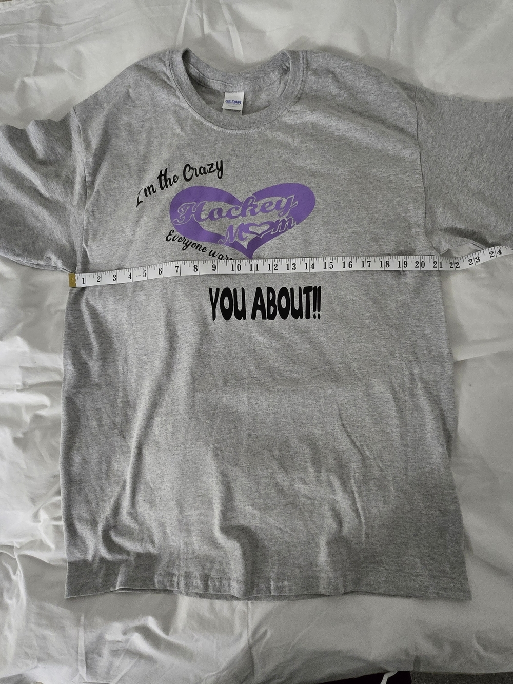 Gildan Gray Short Sleeve Tee with Purple Heart 'Hockey Mom' Graphic - Picture 7 of 7